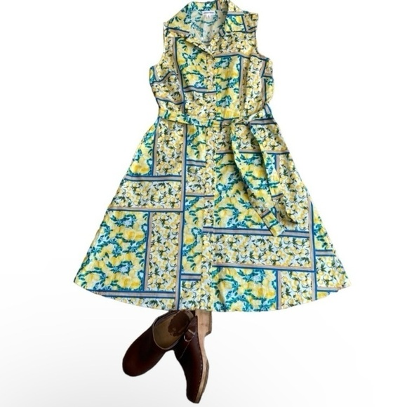 Chloe+Rene Lemon Print Retro 70s Style Fit and Flare Poplin Midi Sundress Sz S - Picture 2 of 16